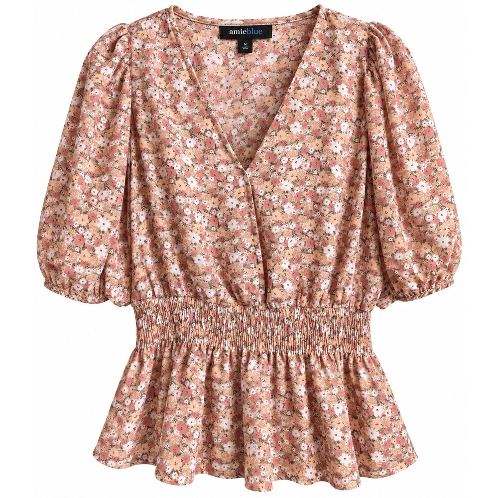 Alice Blue Floral Peplum Blouse Medium Puff Sleeve Cottagecore Fall Top